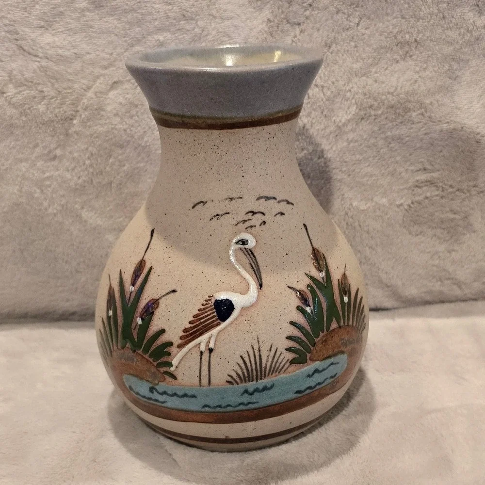 Vintage Tonala Mexico Hand Painted Pottery Vase Crane Heron Bird Stoneware 6.5in